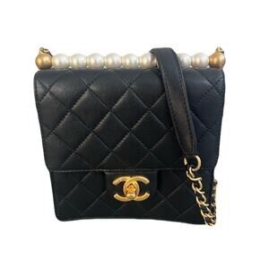 278 Chanel Black Grained Leather Flap Crossbody Bag with Pearl